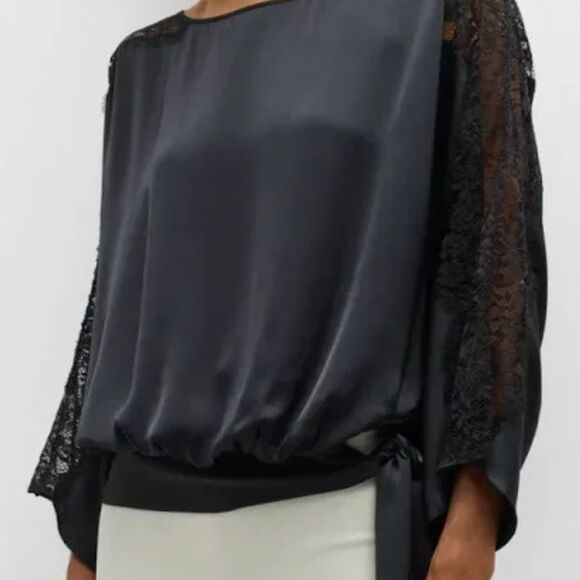 Ramy Brook NWT Alesia Navy Satin Blouse with Lace Detail - Picture 1 of 5